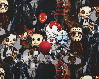 May include: A colorful and chaotic pattern featuring various horror movie characters, including Freddy Krueger, Jason Voorhees, Michael Myers, and Pennywise the Dancing Clown. The background is a light gray color.