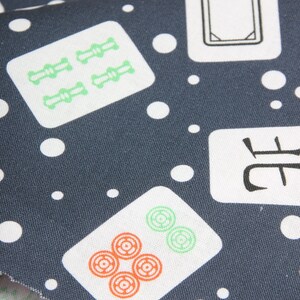 Pu&ograve; includere: Un tessuto blu scuro con uno sfondo bianco a motivi di tessere di mahjong. Le tessere hanno vari simboli e numeri. Il tessuto &egrave; punteggiato da cerchi bianchi.