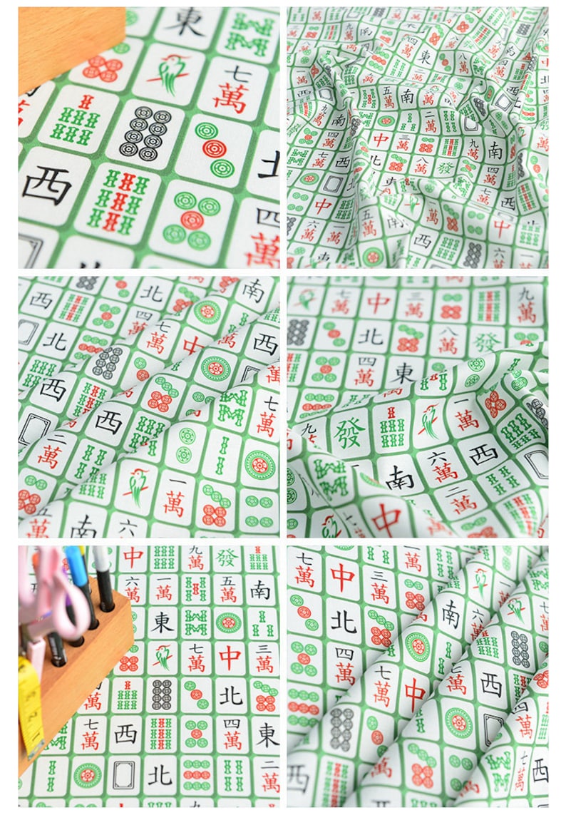 May include: White fabric with a repeating pattern of green mahjong tiles. The tiles feature Chinese characters and symbols, including the numbers one through nine, the characters for East, South, West, North, and the wind symbols. The fabric is perfect for crafting projects, such as making bags, pillows, or quilts.