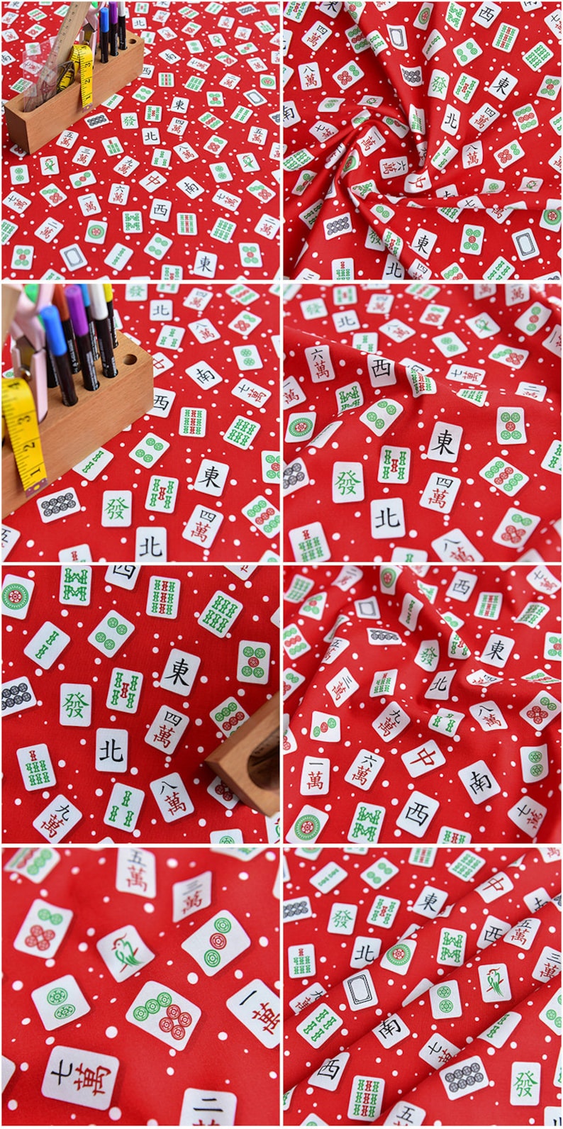 May include: Red fabric with a white background featuring a repeating pattern of Mahjong tiles. The tiles have Chinese characters and symbols. The fabric is perfect for crafting projects.