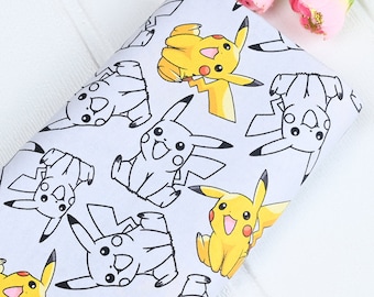 May include: White fabric with a repeating pattern of yellow Pikachu characters. Some Pikachu are outlined in black and some are filled in yellow.