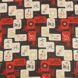 May include: Fabric with a repeating pattern of red, white, and gold Mahjong tiles and symbols on a dark gray background. The design includes Chinese characters, flowers, and bird illustrations.
