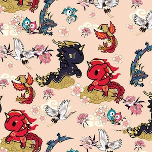 May include: A colourful and whimsical pattern featuring a variety of mythical creatures, including dragons, unicorns, and phoenixes. The design is set against a light pink background and includes clouds, flowers, and other decorative elements.