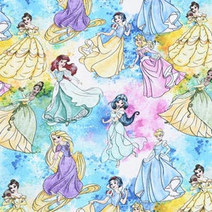 Disney Princess Fabric - Princess Aurora Snow White Jasmine Ariel Belle Rapunzel Fabric - Cartoon Cotton Fabric  -Selling By 0.5 yard