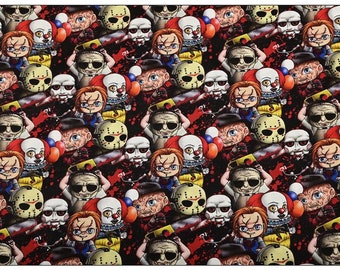 Halloween Fabric, Gothic Fabric, Jason Fabric, Freddy Fabric, Chucky Fabric, Cartoon Fabric, Cotton Fabric by the half yard Movie Fabric