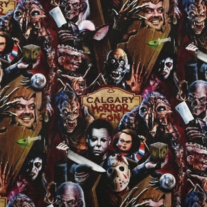 May include: A colourful collage of horror movie characters, including Freddy Krueger, Jason Voorhees, and Michael Myers. The collage is set against a background of a wooden sign that reads "Calgary Horror Con".