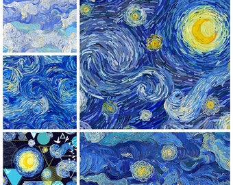 Tela de Van Gogh con dibujos animados de la noche estrellada, 100 % algodón, con pintura al óleo, por media yarda