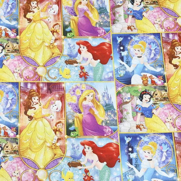 Disney Princess Fabric - Princess Aurora Snow White Jasmine Ariel Belle Rapunzel Fabric - Cartoon Cotton Fabric  -By the Half Yard