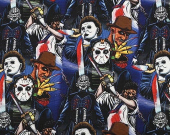 May include: A colorful and chaotic pattern featuring various horror movie characters, including Jason Voorhees, Freddy Krueger, and Michael Myers. The characters are depicted in a variety of poses, holding weapons such as knives, chainsaws, and axes. The background is a dark blue with splashes of red and white.