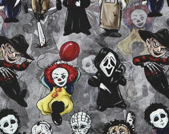 May include: A colorful pattern featuring various horror movie characters, including Freddy Krueger, Jason Voorhees, Michael Myers, and Chucky. The characters are depicted in a cartoon style and are set against a gray background.