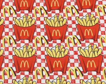 May include: A red and white checkered background with repeated images of french fries in red containers with the golden arches logo.