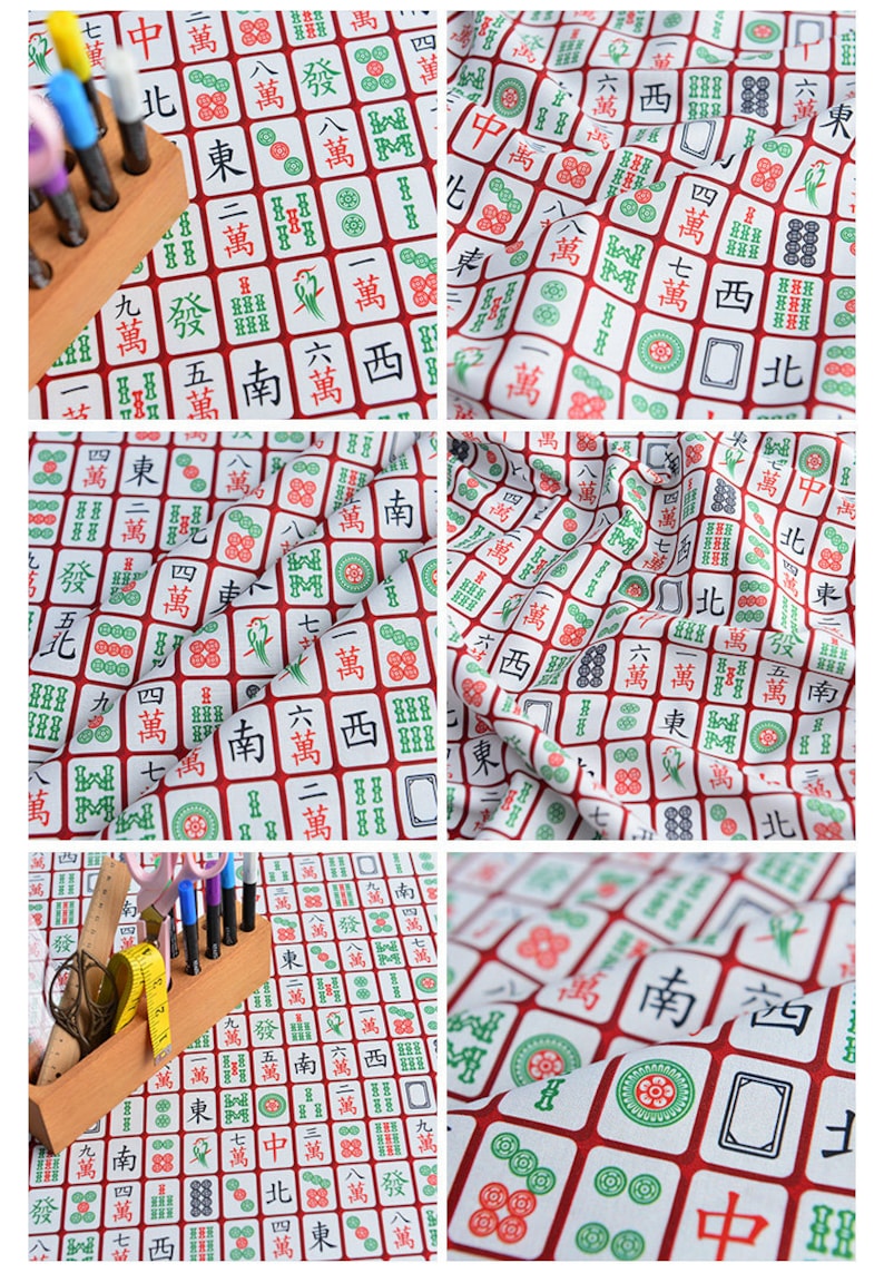 May include: White fabric with a repeating pattern of red and green mahjong tiles. The tiles feature Chinese characters and symbols.