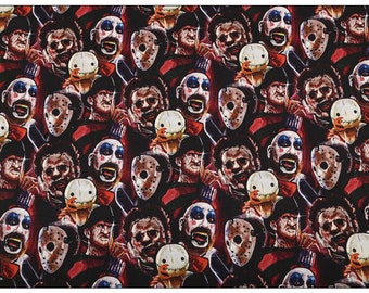 May include: A repeating pattern featuring various horror movie characters, including a clown, a masked figure, and a figure in a striped sweater. The design is predominantly dark red and black, with white and red accents, creating a spooky aesthetic.