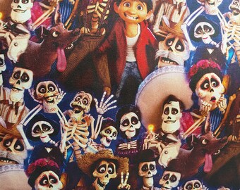 May include: A colorful illustration featuring characters from the animated film Coco. The characters are skeletons with vibrant clothing and flowers. The illustration includes a dog, a guitar, and a sombrero.