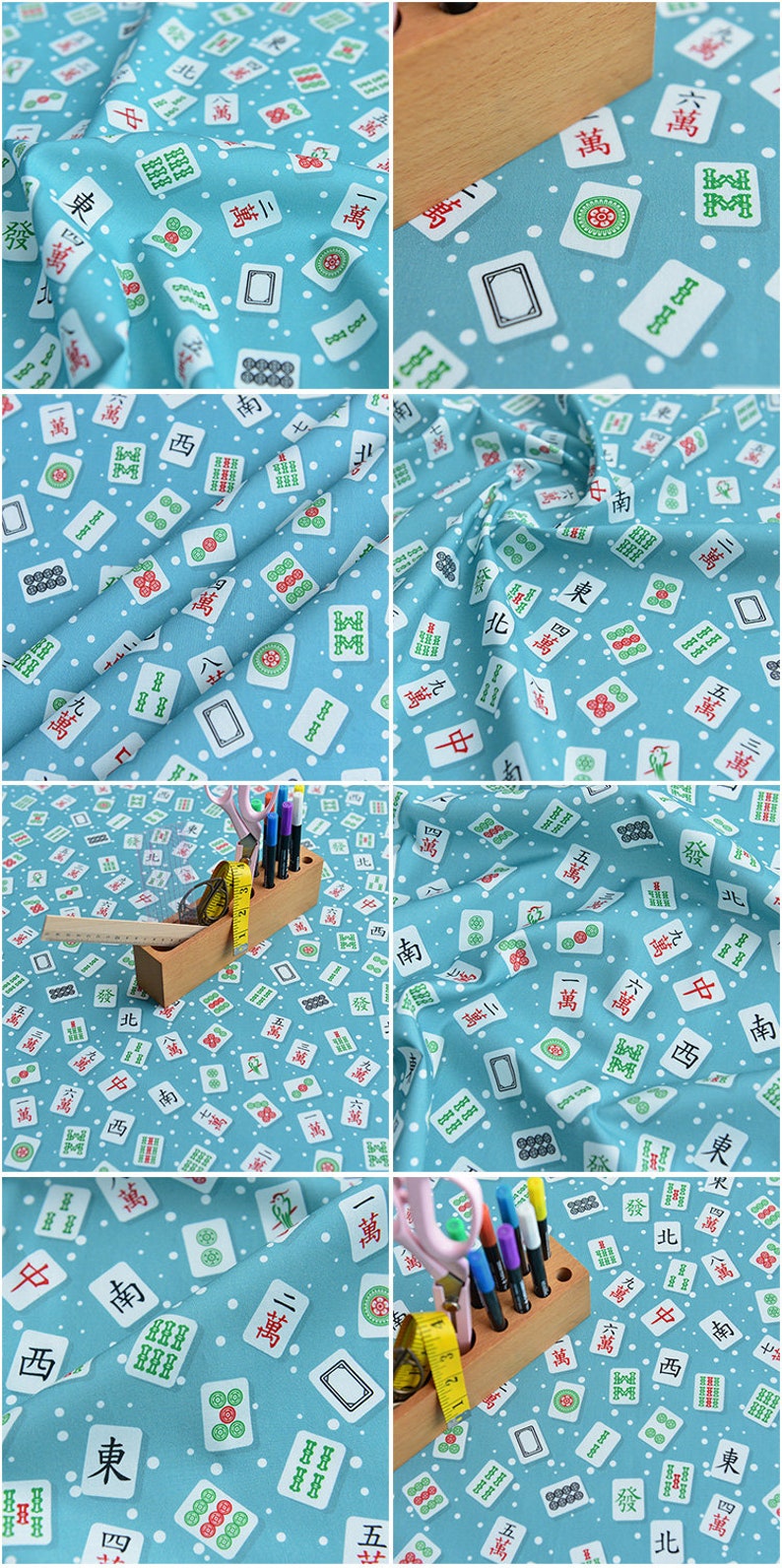 May include: A blue fabric with a white background featuring a repeating pattern of Mahjong tiles. The tiles have Chinese characters and symbols in red, green, and black. The fabric is perfect for crafting projects, quilting, and home decor.