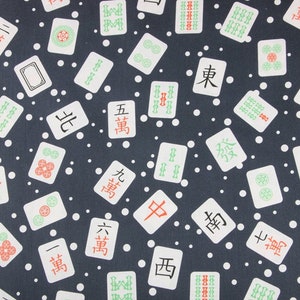 Pu&ograve; includere: Un tessuto blu scuro con un motivo a pois bianchi e un motivo ripetitivo di tessere di mahjong bianche con caratteri e simboli cinesi. Le tessere presentano una variet&agrave; di caratteri, tra cui numeri, semi e indicatori di vento.