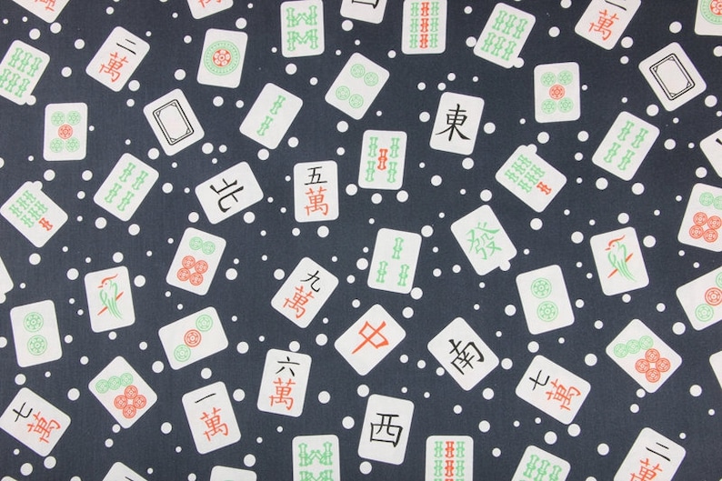 Pu&ograve; includere: Un tessuto blu scuro con un motivo a pois bianchi e un motivo ripetitivo di tessere di mahjong bianche con caratteri e simboli cinesi. Le tessere presentano una variet&agrave; di caratteri, tra cui numeri, semi e indicatori di vento.