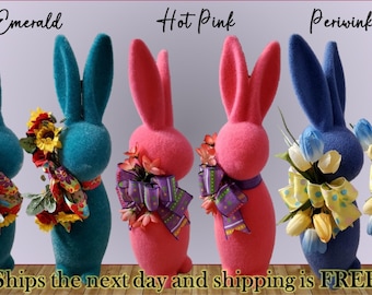 Conejito de Pascua flocado con lazo hecho a mano - Decoración de primavera