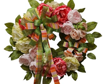 Corona de peonías: decoración primaveral colorida de 66 cm