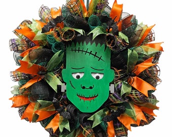 Corona de Halloween de Frankenstein y su novia: Caras verdes únicas, decoración para interiores y exteriores