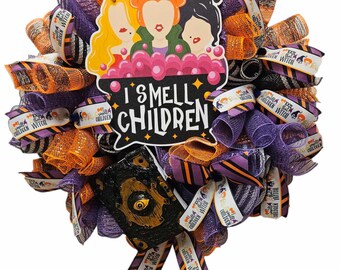 Corona de malla decorativa de Hocus Pocus, Hermanas Sanderson, decoración para fiesta de Halloween