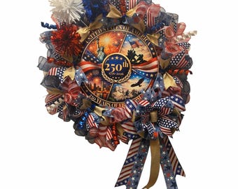 Corona del 250 aniversario de EE. UU., decoración patriótica del Día de la Independencia, hecha a mano con los colores de la bandera estadounidense.