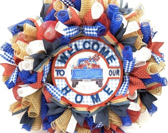 Corona de bienvenida a nuestro hogar: camión azul, molinos de viento, decoración de granja