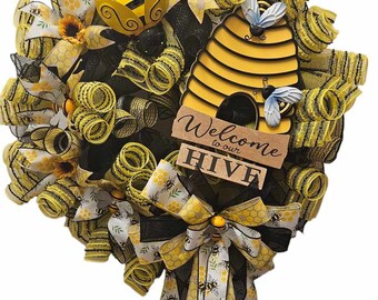 Corona de abejas: 30 x 24 pulgadas Bienvenido a nuestra colmena Colmena de madera