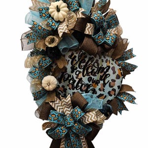 33x18&quot; PUMPKIN swag wreath with Teal, Brown and Beige colors, several techniques and a leopard decor for front door or inside the house