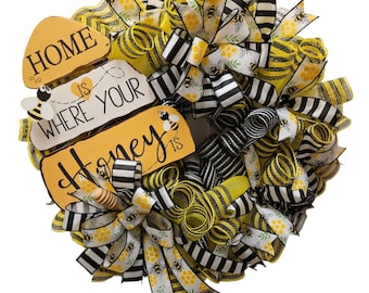 El hogar es donde está tu miel. Corona de abejas, malla decorativa de 24 pulgadas.