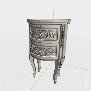 May include: A white, ornate, oval-shaped nightstand with two drawers and carved details. The nightstand has four legs with decorative carvings.