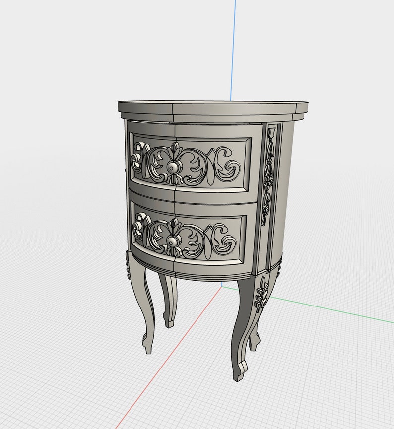 May include: A white, ornate, oval-shaped nightstand with two drawers and carved details. The nightstand has four legs with decorative carvings.