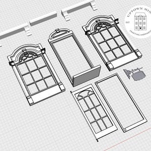Puede incluir: Un conjunto de elementos arquitect&oacute;nicos en miniatura de color blanco, que incluyen ventanas, una puerta y molduras decorativas. Las piezas presentan dise&ntilde;os detallados, ideales para casas de mu&ntilde;ecas o maquetas. El texto "Uptown Minis" y "Crafting Happiness" est&aacute; incluido.