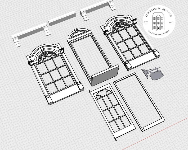 Puede incluir: Un conjunto de elementos arquitect&oacute;nicos en miniatura de color blanco, que incluyen ventanas, una puerta y molduras decorativas. Las piezas presentan dise&ntilde;os detallados, ideales para casas de mu&ntilde;ecas o maquetas. El texto "Uptown Minis" y "Crafting Happiness" est&aacute; incluido.