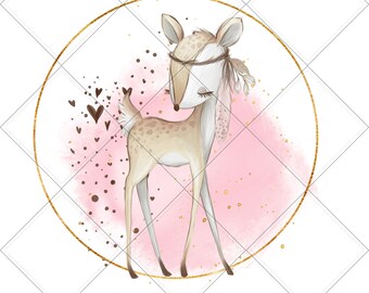 Cute deer sublimation design,Watercolor,Boho animal,Toddler, PNG file, Cute, pink,Grey, Blue, Brown,Gold, Nature,Nursery, Digital download,