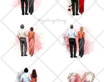 Couple , Valentine, watercolor, digital download, red, pink, black, romantic, my valentine, JPG, A4, cardmaking, decopage, heart, fashion,