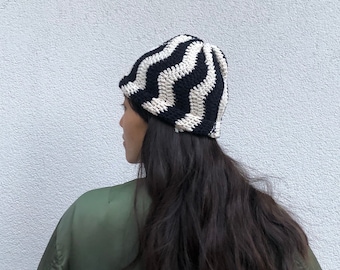 Wavy Crochet Beanie - handmade unisex hat, colorful wavy stripe, autumn winter cozy beanie, for her, for him, gift