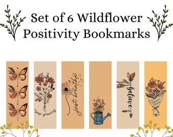 Set of 6 Wildflower Bookmarks with Positive/inspirational words, Digital Download, Printable Bookmarks