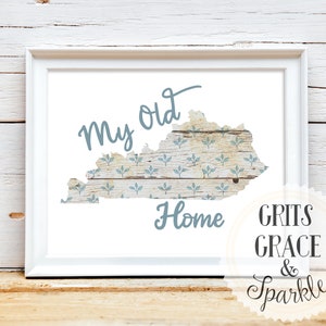 My Old Kentucky Home Verwittertes Holz und Blumenkunstdruck, Kentucky State Form, 8x10 Zoll und 5x7 Zoll Drucke, Kentucky Geschenke und Dekor