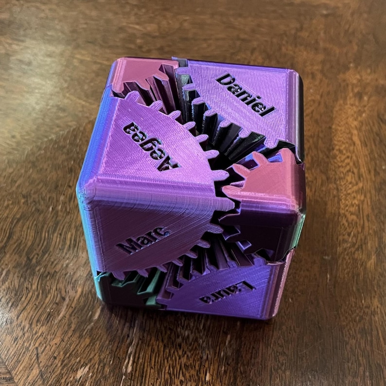 May include: A 3D-printed puzzle cube in shades of purple, pink, and green. The cube features interlocking gears and the names "Daniel", "Aegya", "Marc", and "Laura" printed on its faces. The puzzle is set against a wooden surface.