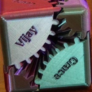 May include: A multi-colored, 3D-printed gear cube with the names "Vijay" and "Grace" inscribed on adjacent gears. The cube features a mix of silver, red, and teal colors, showcasing the interlocking gear design.