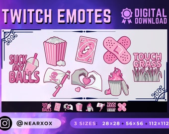 May include: Digital download of pink and white Twitch emotes. Emotes feature a drink, popcorn, Uno card, bandages, and a trash can with flames. Text includes "Suck My Balls" and "Touch Grass". Available in 3 sizes: 28x28, 56x56, and 112x112 pixels.