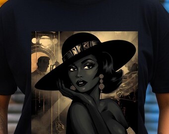 May include: A black short-sleeved t-shirt featuring a square graphic print of a stylized illustration of a person wearing a wide-brimmed black hat and dangling earrings. The artwork depicts a dark-toned figure in a dimly lit, atmospheric setting.