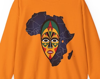 Unisex African Continent Mask Sweatshirt African American Apparel Gift African Map Black Culture Clothing Afrocentric Melanin Art Pullover