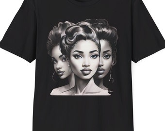May include: Black t-shirt with a graphic print of three women's faces in black and white.