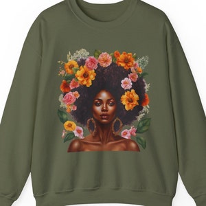 Black Girl Afro Floral Hair Sweatshirt Melanin Woman Clothing African American Queen Sweater Brown Skin Girl Apparel Gift Afro Art Shirt