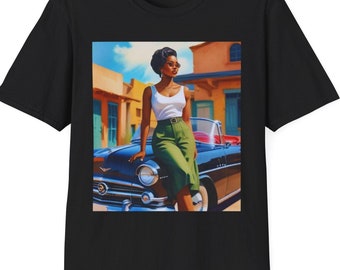 May include: A black t-shirt with a graphic print of a woman in a white top and green skirt leaning against a vintage car. The car is blue and black and has a white convertible top. The background is a colorful cityscape.