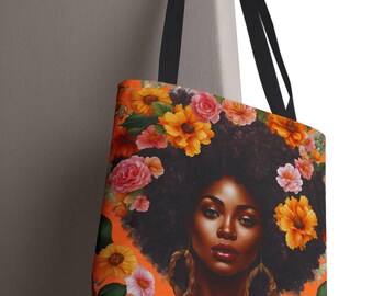 Black Girl Floral Hair Tote African American Queen Shopping Bag Melanin Woman Overnight Travel Tote Afrocentric Brown Skin Girl Carry On