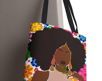 Floral Afro Woman Tote Bag, Black Art Shopping Bag