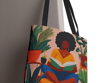 African American Book Lover Gift Afro Woman Reader Tote Black Girl Shopping Bag Brown Skin Woman Library Bag Melanin Bookworm Travel Tote